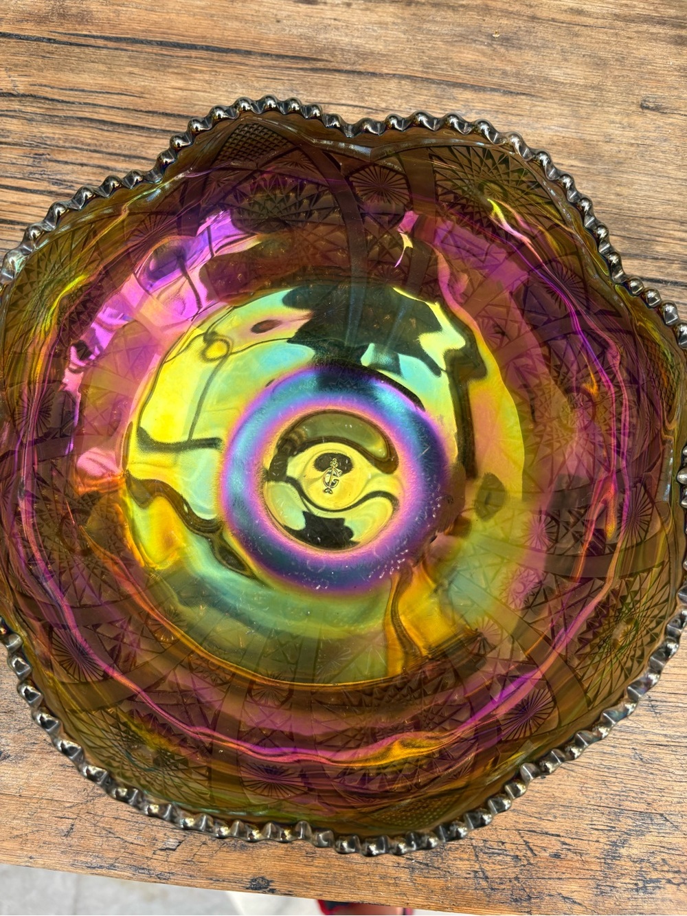 Iridescent Carnival Glass Decorative Bowl in Purple, Gold & Green vintage